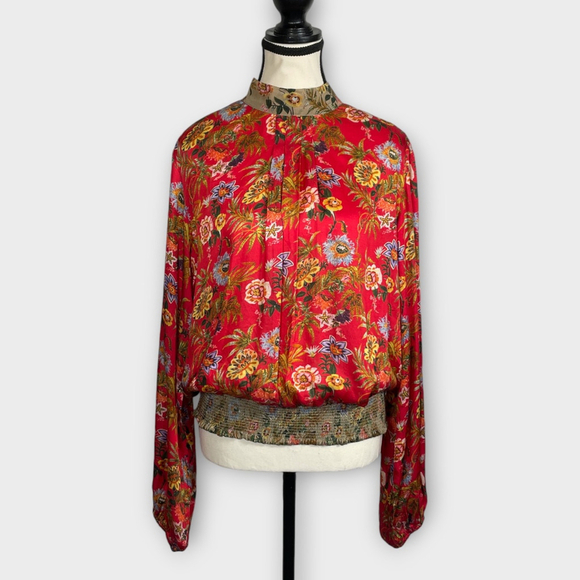 Nikasha Tops - Nikasha Top MEDIUM Red Floral Mock Neck Puff Sleeve Smocked Waist Neck Tie EUC